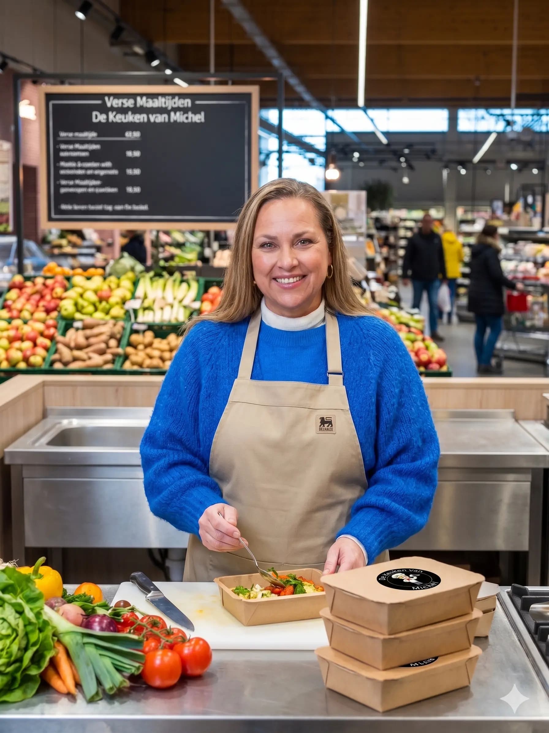 Michèle Daem in de keuken van Delhaize Reet